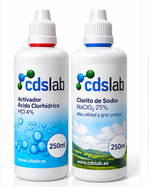 Kit clorito de sodio 250 ml al 25 % con activador HCl al 4 % de CDSLAb, vista frontal de las dos botellas.