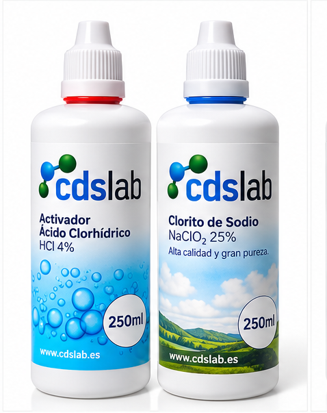 Kit de chlorite de sodium 250 ml + Activateur HCl – Vue de face – CDSLAb Kit CDSLAb de chlorite de sodium 250 ml à 25 % avec activateur HCl à 4 %, vue de face