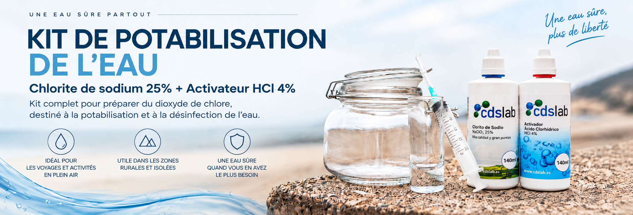 Kit de potabilisation de l'eau à base de chlorite de sodium à 25 % et d'activateur HCl à 4 %, pour la préparation de dioxyde de chlore destiné à la potabilisation et à la désinfection de l'eau.